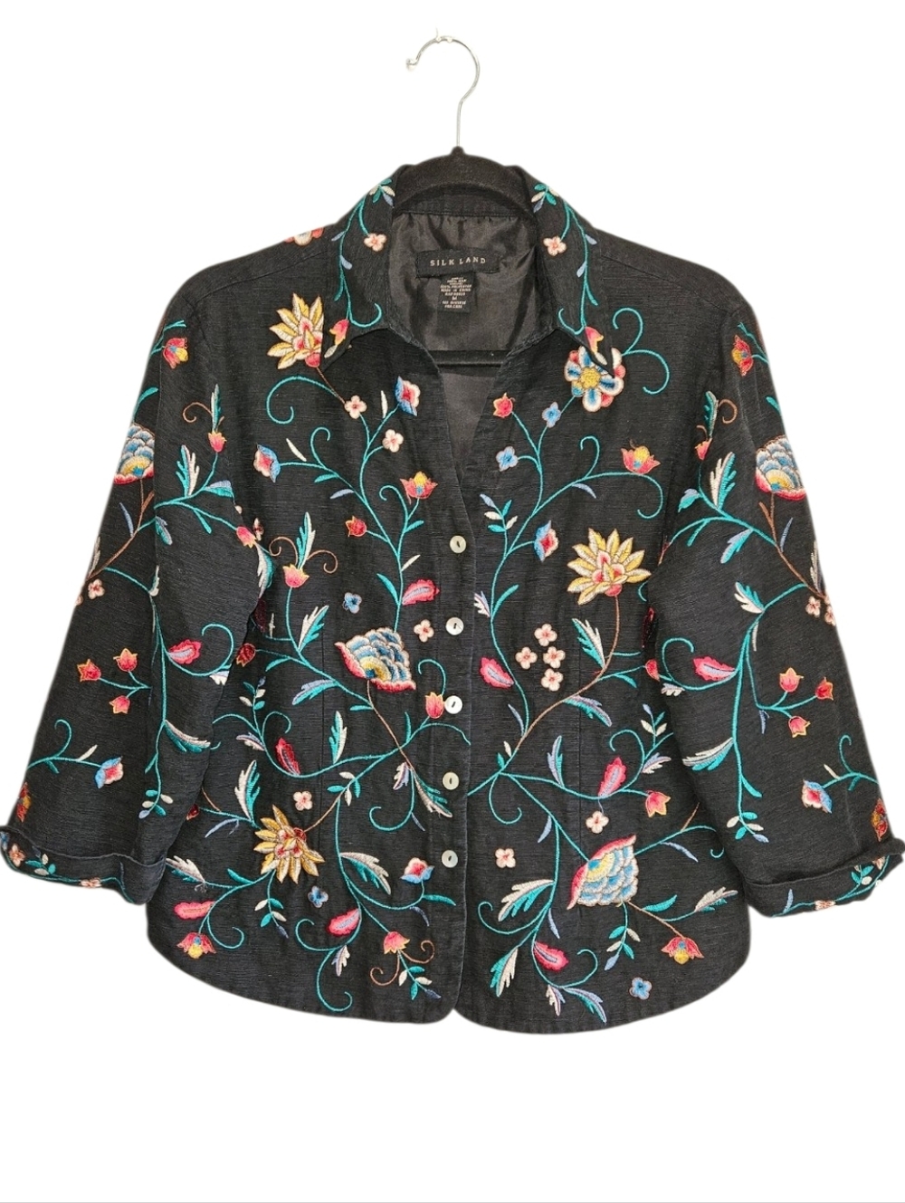 Silkland Black Embroidered Floral Button-Up Jacket Women's Size Medium Silk